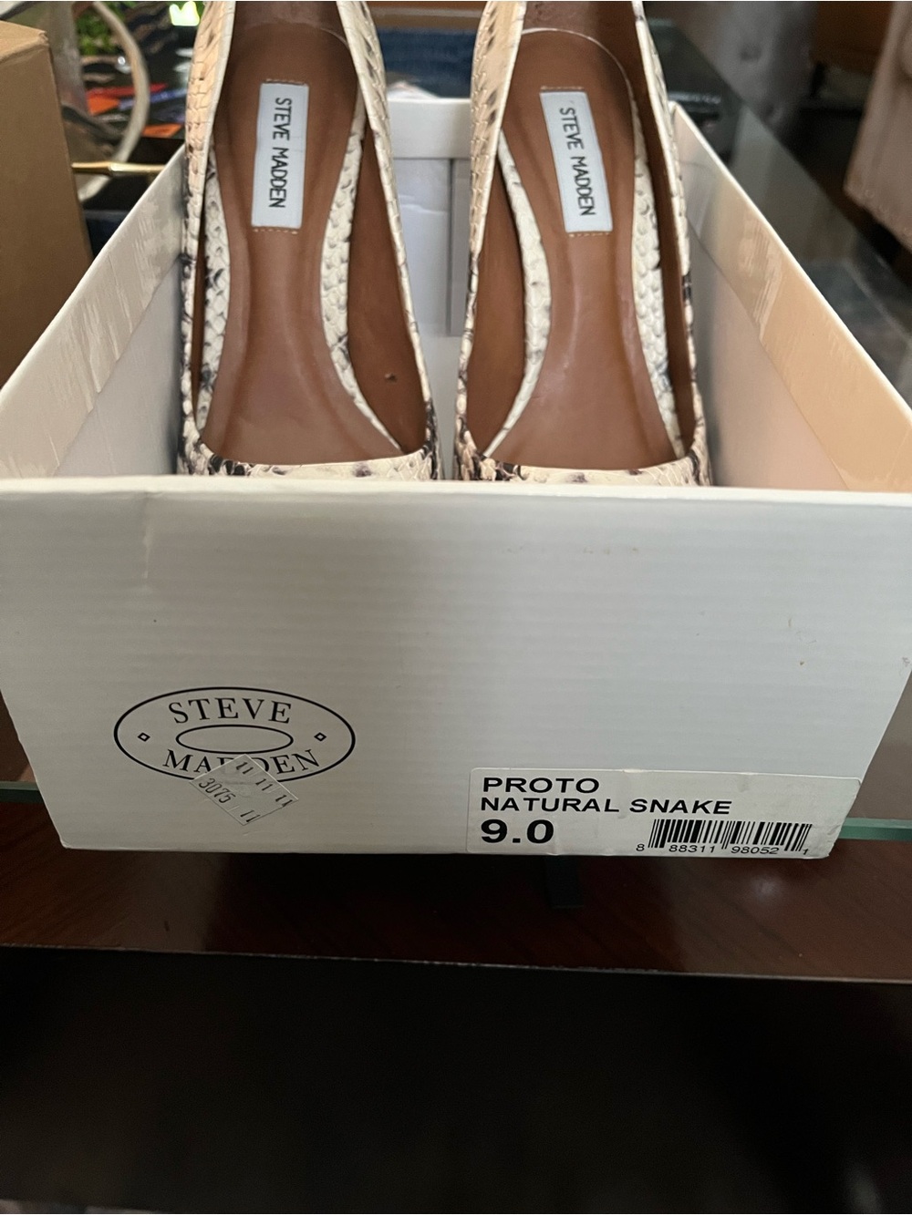 Steve Madden Snake-Print Pointed Toe Pumps in White and Tan